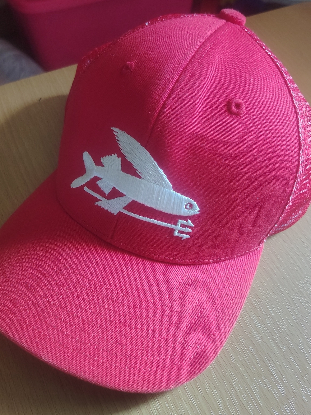 Patagonia Red Trucker Hat with White Flying Fish Logo